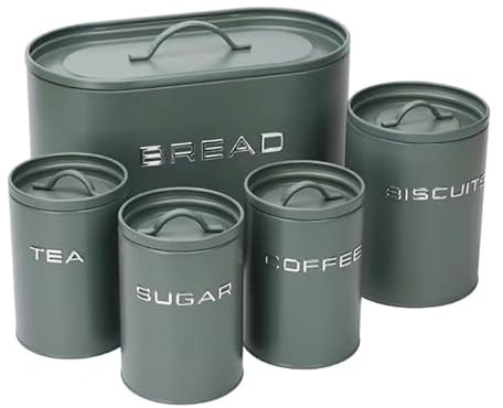 simpa 5PC Stylish Matte Green Metal Kitchen Storage Set Including Oval Bread Bin and Round Biscuit Tin, Tea, Coffee and Sugar Canisters.