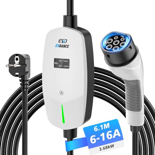 EVDANCE Ladekabel Typ 2 schuko 3.68KW [6.1m|6-16A] Tragbares Ladekabel EU Standard Schuko 2-Pin Ladegerät mit OLED Bildschirm für i3, e-Up, ID.3, ID.4, Zoe, fortwo, Kona -Weiß