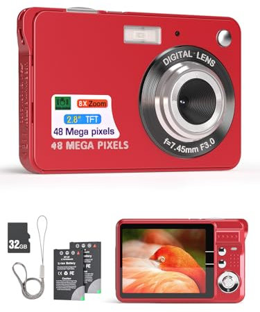 Andoer Digitalkamera,48 MP, 2,8-Zoll-TFT, Autofokus,16-facher Digitalzoom, Anti-Shake-Funktion, Gesichtserkennung, Lächeln-Aufnahme, mit 2 Akkus, 32 GB TF-Karte Fotokamera für Kinder