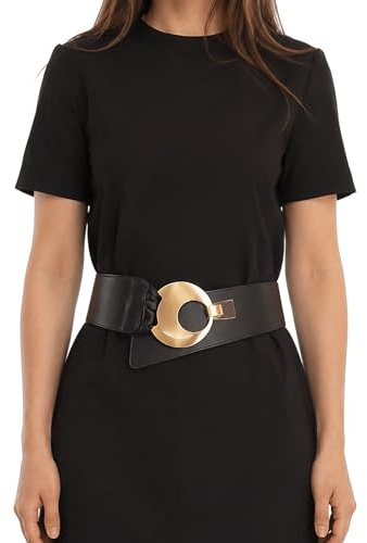 FASHIONGEN - Cintura larga da donna in pelle con fibbia rotonda SOLAINE - Nero (Fibbia dorata), XL-XXL
