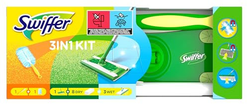 Swiffer Panni Cattura Polvere, 1 Scopa e 8 Panni Microfibra Dry e 1 Piumino e 3 Panni Lavapavimenti, Cattura Polvere e Sporco, Ottimo per Tutti i Tipi di Pavimenti e per i Peli di Animali