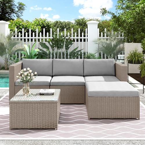 Polyrattan Lounge Set, Gartenmöbel-Set Balkonmöbel für 3-4 Personen, Gartenlounge Sitzgruppe mit 3er Sofa, Hocker, Kissen und Glastisch, Terrassenmöbel, Ecksofa, für Garten Balkon Terrasse (Khaki)