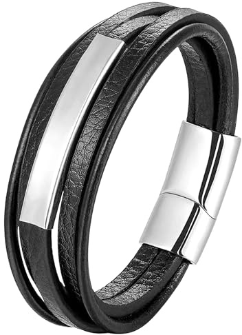 Mochity läderarmband män 21 cm, rostfritt stål armband män svart brun blå, pärlkedja herrarmband för män, läderarmband herr presenter smycken män