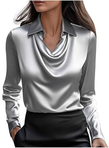 Chemisier Femme Chic Et Élégant Chemisier Satin Chemisiers Et Blouses Mode Tunique Blouse Couleur Unie Vetement Funky Haut Décontracté Tshirt Manche Longue Et Ventes Flash du Jour Gris XL