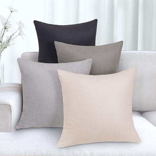 KENOBE Fundas para Almohadones, 4 Piezas 45x45 cm Funda de Cojines de Corduroy Súper Suave Cojin de Pana a Rayas para Cojin Sofa Cama Salon de Estar Dormitorio Sillas Jardin Habitación, Serie Gris