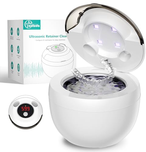 Aotuda Ultrasonic Retainer Cleaner Machine, 200ML Ultrasonic Dental Cleaning Pod with 4 Modes, Digital Timer, Mouth Guard Cleaner for Denture, Aligner, Braces, Toothbrush, Jewelry