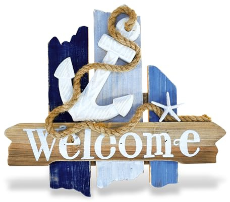 CoTa Global Atlantic Anchor Welcome Nautical Decor Sign - Nautical Themed Wood Sign, Beach Decor for Wall, Novelty White and Blue Starfish and Anchor Wooden Figure, Coastal Wall Decor Sign Accent