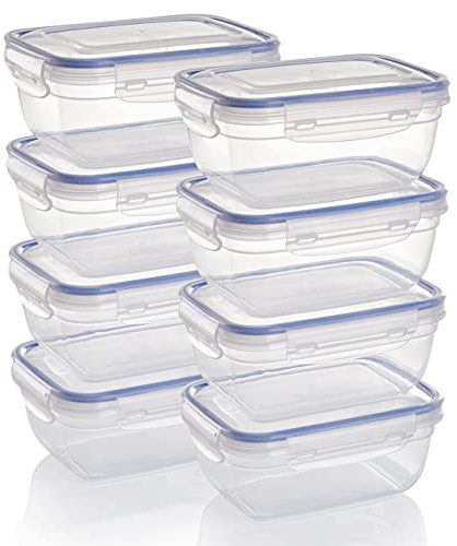Grizzly Kunststoff Frischhaltedosen Set, 8x Vorratsdosen mit Deckel, rechteckig, stapelbar, bruch-, mikrowellen- und spülmaschinenfest