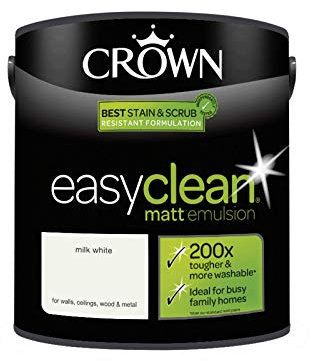 2.5L CROWN Easy Clean MATT Emulsion Multi Surface Paint That can be Used on Walls, Ceilings, Wood and Metal. Stain & Scrub Resistant Formula – Milk White