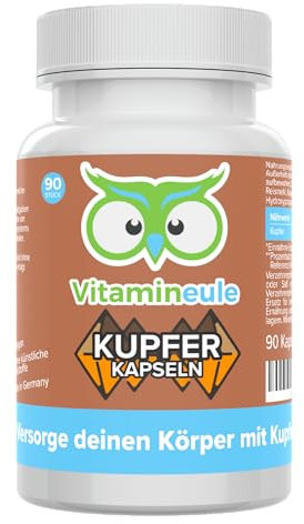 Kupfer Kapseln - hochdosiert 4 mg - Produktion in Deutschland - bioaktiv & vegan - Kupfergluconat - ohne Zusatzstoffe & laborgeprüft - kleine Kapseln statt Tabletten - Vitamineule®