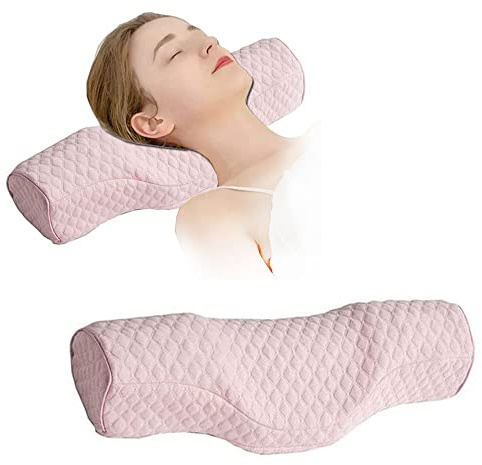 Cervical Neck Pillow for Pain Relief Sleeping, Neck roll Pillow Memory Foam for Stiff Neck Pain Relief ,Travel Bolster Pillow for Bed for Side Sleepers Back Sleeper. (Pink)