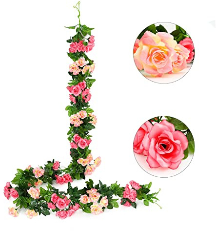 JUSTOYOU Guirnalda de rosas artificiales de doble color de 7.6 pies, flores artificiales para colgar de seda flores artificiales para exteriores, interiores, bodas, paredes decoración(rosa,13 cabezas)