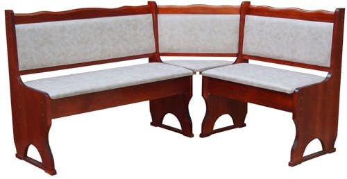 Tapicería Banco de esquina de madera de pino, color Calvados con tapicería de madera maciza - Ecocuero beige II (140 x 160)