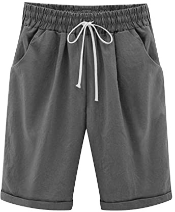 oglccg Half Pants Plus Size Knee Length Cotton Linen Shorts with Pockets Solid Beach Vacation Shorts Straight Leg Trousers Drawstring Elastic Waist Bermuda Shorts Work Shorts, Gray, 5XL