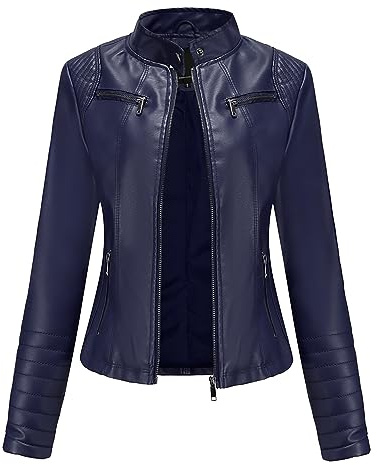 Chaqueta de cuero para mujer, chaqueta fina de cuero PU, cuello alto, chaqueta ligera de entretiempo con cremallera para mujer, moda ciclista, chaqueta corta delgada, azul, 3XL