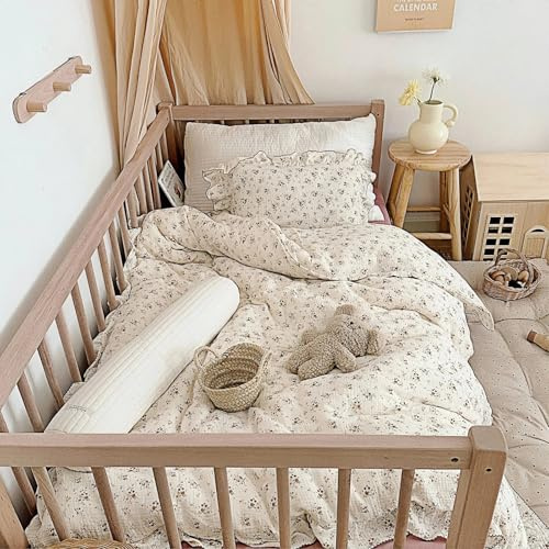 BuLuTu Beige Kids Toddler Baby Duvet Cover Girls Muslin Duvet Covers Floral Nursery Quilt Cover Gauze Bedding Coverlet, 47x59, Crapemyrtle Print (No Pillowcases)