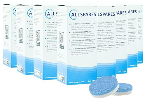 AllSpares 2-i-1 avkalkningstabletter (48 x 18 gr flikar) för kaffemaskiner lämpliga för Bosch 311821/311975/TCZ8002/och Siemens Neff Gaggenau 00311975/TZ80002