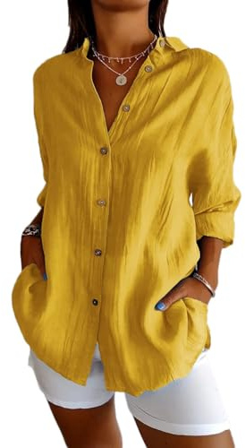 Onsoyours Chemise Femme Coton Chemisier Col en V Bouton Manches Longues Tops Couleur Unie LâChe Respirant T-Shirts Grande Taille Casual Tunique Blouse pour Le Bureau A Jaune M
