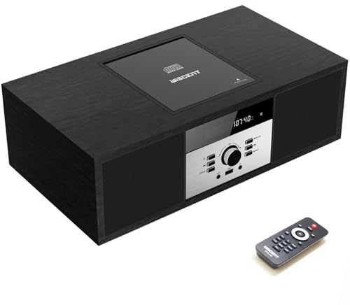 Nostalgic Bluetooth Stereo System for Home, WISCENT Vintage Micro HiFi Systems CD Player,with Bluetooth Audio Streaming,FM Radio,USB Port,Aux-in,Earphone Port (Black CD Player)