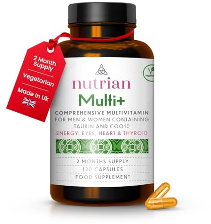 Multivitamin & Mineral Complex for Men & Women | Thyroid & Energy Support | CoQ10 100mg, Vitamin D3 2000 IU & K2 MK-7, Magnesium, Taurine, B-Complex with 5-MTHF | 120 Capsules