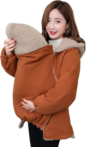 RRHCW Hiver Maternité Manteau Grossesse, Vêtement Grossesse Hiver Chaud, Veste De Portage Bebe Sweat À Capuche Femme Kangourou Blouson Softshell Manteaux Poignets Élastiques-Marron||M