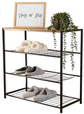 OHS Shoe Rack 4 Tiers, Easy Assembly Shoe Storage Organiser Fit 9 Pairs Shoes Black Metal Frame Wooden Top Shelf Free Standing Shoes Rack Decorative Shoe Shelf for Bedroom Hallway Entryway Closet
