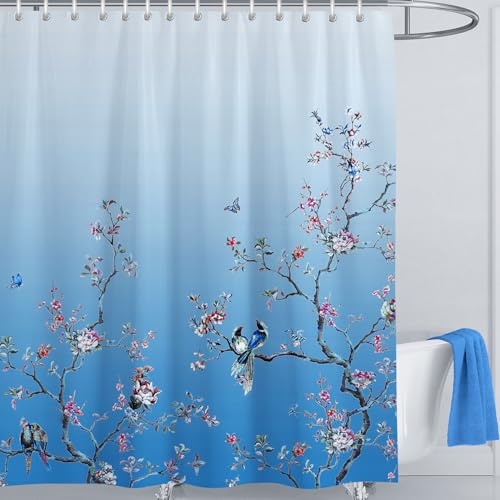 LIVETTY Ombre Blue Bird Extra Long Shower Curtain 200cm × 200cm Drop Floral Butterfly Fabric Bathroom Curtain Mould Proof Spring Washable Shower Curtain With 12 Hooks