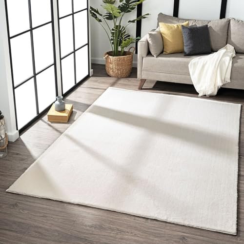 VIMODA Teppich Wohnzimmer Schlafzimmer Fellteppich, kurzflorig – waschbar und Fußbodenheizung geeignet,Farbe:Creme;Maße:160x220 cm