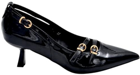 Malu Shoes Decollete' Donna in Vernice Lucida Nero con Tacco Kitten 3 cm e Cinturini Incrociati sul Dorso Piede Ganci Oro (39 EU)