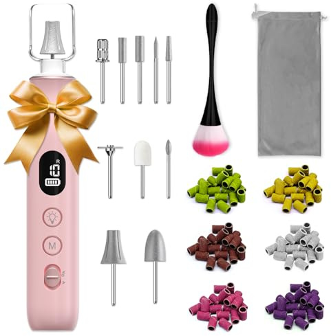Electric Nail File, 10 Speeds Cordless Nail Drill with LED Light, Portable Manicure Pedicure Kit for Acrylic Gel Nails Thick Toenails Nail Grind, Hand Natural Nails Care - 10 Bits & 120 Sanding Bands