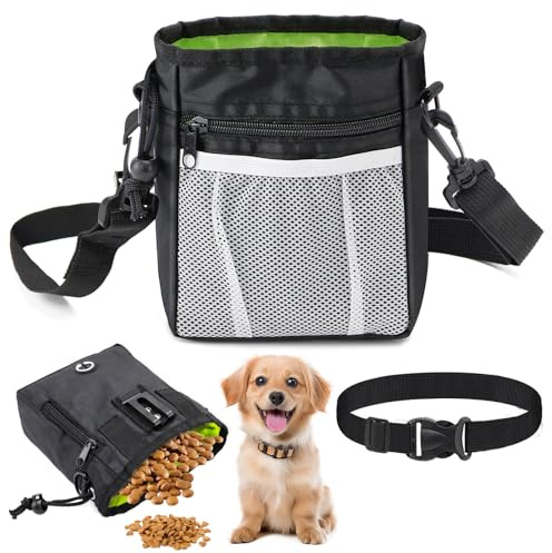 VZXZXE Sac à friandises pour chien, sac à friandises pour chien avec distributeur de sacs à déjections 19 x 18 cm, ceinture ajustable, sac à nourriture pour chien polyvalent pour les promenades