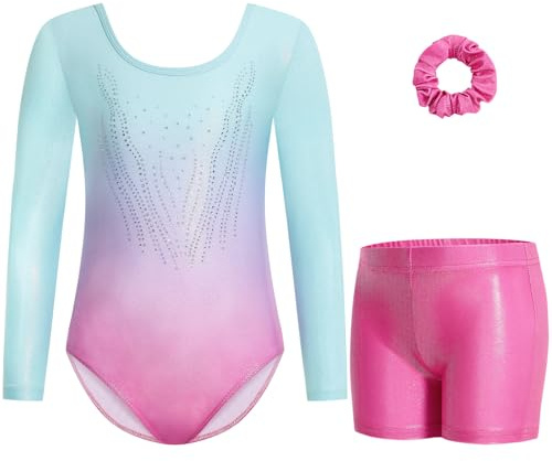 Gogokids - Set di tre pezzi a maniche lunghe per ginnastica per ragazze - Outfits da ginnastica per bambini con design a paillettes sfumate, incluso top, pantaloncini e fascia per capelli, tute da