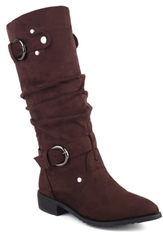 Mdrcg Stivali Alti al Ginocchio da Donna, Neri, Casual, Arricciati, con Fibbia, Morbidi, Fatti a Mano, con Gambale Lungo, Scarpe da Motociclista Grandi,Marrone,6.5