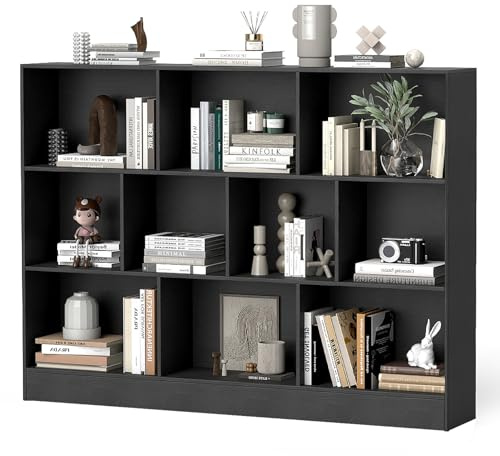 KOMFOTTEU Libreria Aperta con 10 Scomparti, Libreria a 3 Livelli con Dispositivo Antiribaltamento, Mobile di Stoccaggio, Scaffale per Soggiorno, Ufficio (Nero, 140 x 24 x 104 cm)
