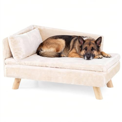 SOARS Canapé surélevé pour chien et chat avec dossier, coussin et pieds en bois, pour petits chiens, 81 x 51 x 47 cm, beige