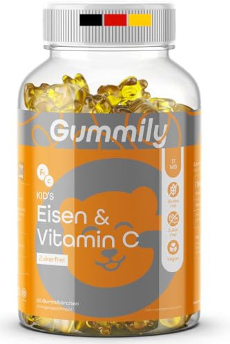 Gummily Ositos de goma de hierro y vitamina C para niños, sin azúcar y veganos, sabroso sabor a naranja sin retrogusto metálico, altamente biodisponible gracias a la vitamina C, alternativa a las
