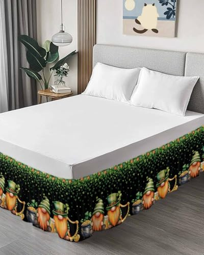 St. Patrick's Day Bed Skirt Queen Size 18 Inch Drop, Adjustable & Elastic Wrap Around Bed Skirts Dust Ruffles for Twin Full Queen Cal King Base Bed, Green Lucky Shamrocks Harp Beer Black