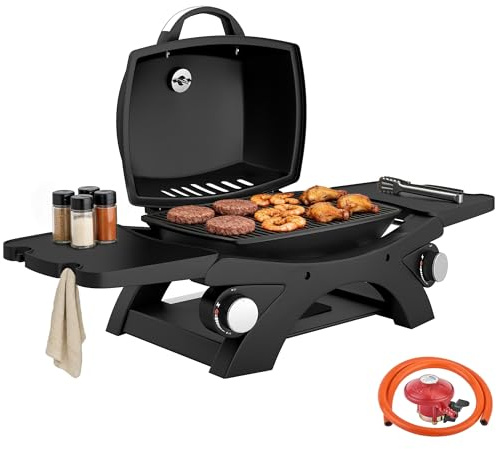 Outsunny 2 Burner Gas Grill with 2 Detachable Side Tables, 3.8 KW Steel Barbecue Grill with Cast Iron Grates, Tabletop BBQ with Lid, Thermometer, Grease Tray, 4 Hooks, Black