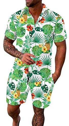 Traje de ocio hawaiano para hombre, traje deportivo de verano, playa, conjunto de flores, corte ajustado, camisa hawaiana, tiempo libre, manga corta y vacaciones, pantalones cortos de 2 piezas, camisa
