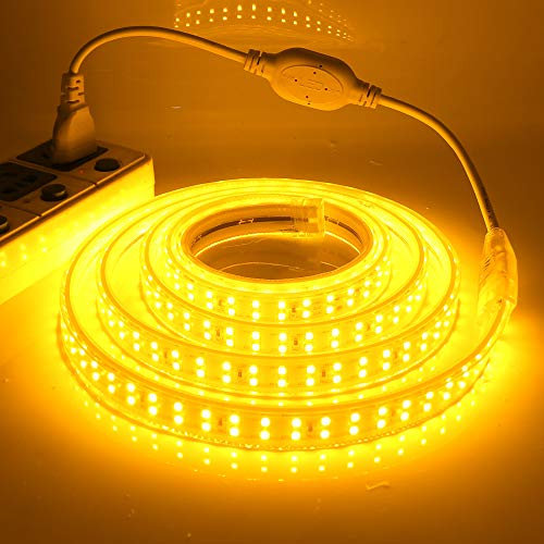 XUNATA Doppelreihe Gelb LED Strip Streifen, 220V 2835 SMD 180leds/m IP65 Wasserdicht, Flexibel LED Lichtband Seil Licht Schlauch für Hausbeleuchtung Dekor Bar (Gelb, 20M)