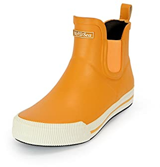 MADSea Botines de goma unisex Short Story | Botas de lluvia de agua para jardín, botas de vela impermeables | caña corta al tobillo, Amarillo y blanco., 45 EU