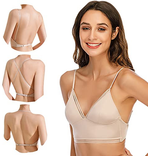 BKEPDY Soutien Gorge Femme Dos Nu Invisible Sexy Soutien Gorge sans Armature Femme en V Brassiere Bas du Dos Convertible en Soutien-Gorge Taille Basse pour Femmes (Beige M (34/75ABC))