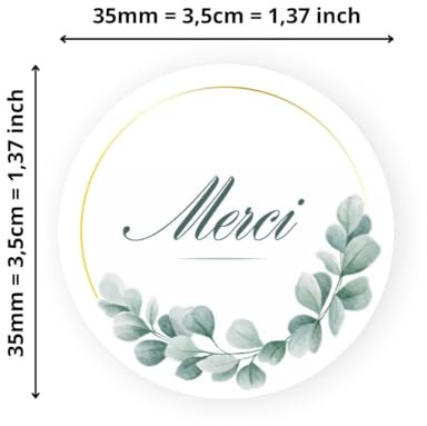 Avery - 140 Etiketten Danke rund selbstklebend – 35 mm – Recyclingpapier – Eukalyptus – 4 Bögen A4 Dankesaufkleber für Hochzeit, Handwerk und Partys
