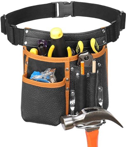 quipuda Ceinture Porte Outil Bricolage,Ceinture de Travail Homme Chantier,Sacoche Outils pour Charpentier, Préposé à L'entretien, Constructeur, Encadreur,Cuir Véritable,Noir