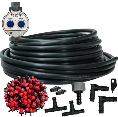 Suinga Sistema irrigazione a goccia giardino 50 metri. Include tubo 16 mm + 50 gocciolatori + programmatore di irrigazione + accessori di installazione