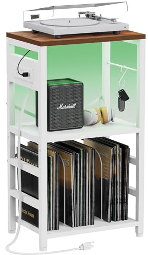 YAKANJ Slutbord med LED-lampa, skivspelarstativ med laddningsstation, förvaring av vinylskivor, skivspelare, stativ, album, förvaring för musikrum, studio-industri, vit