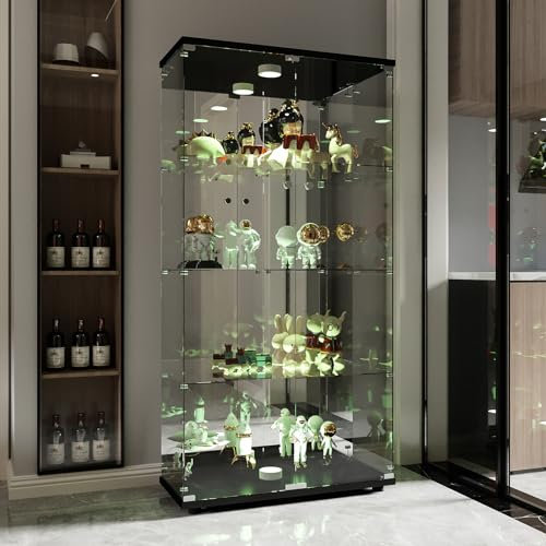 Glasvitrine Standvitrine mit LED, Schrank für Sammlung mit 2 Türen 4 Regalen transparent Möbel Vitrine Glas Vitrine Figur Glasvitrine Wohnzimmer Bar (4 Etagen, 2 Türen + LED Spiegeleffekt, schwarz)