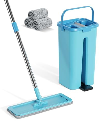 Eukue Escoba de Fregona con Cubo, Trapeador de Piso Plano con Cubos de Función Escurridor, Fregona Plana Giratoria 360 ° con 3 Fregonas Reutilizables para Limpieza de Todo Tipo de Suelos (Azul)