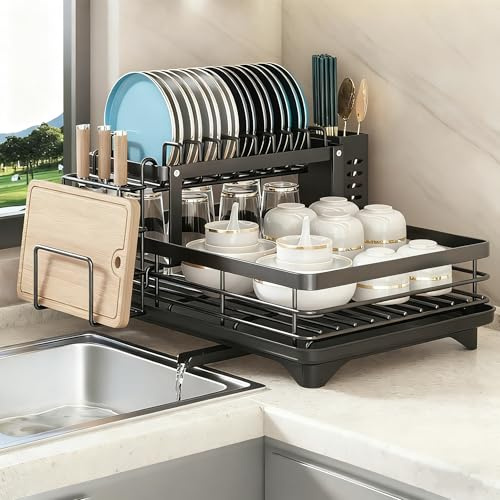 Dish Drying Rack 2-Tier Auto Draining Dish Drying Rack for Kitchen Counter & Sink - Large Capacity Detachable Stainless Steel Organizer with Drainboard & Utensil Holder (Black)，Chaos Coordinator Gifts
