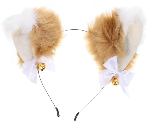 Artibetter Diadema con Orejas de Peluche para Cosplay Accesorio para Fiestas Orejas Plegables Talla Única Suave y Ligera con Campana Dorada y Lazo Blanco Adultos